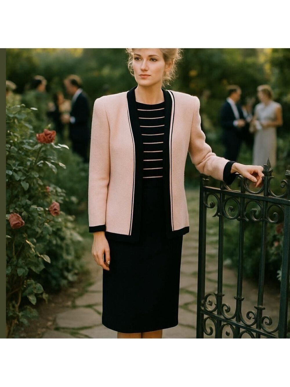 80s 3PC CASTLEBERRY PINK & BLACK CARDIGAN JACKET SHORT SLEEVE TOP & SKIRT SZ 12